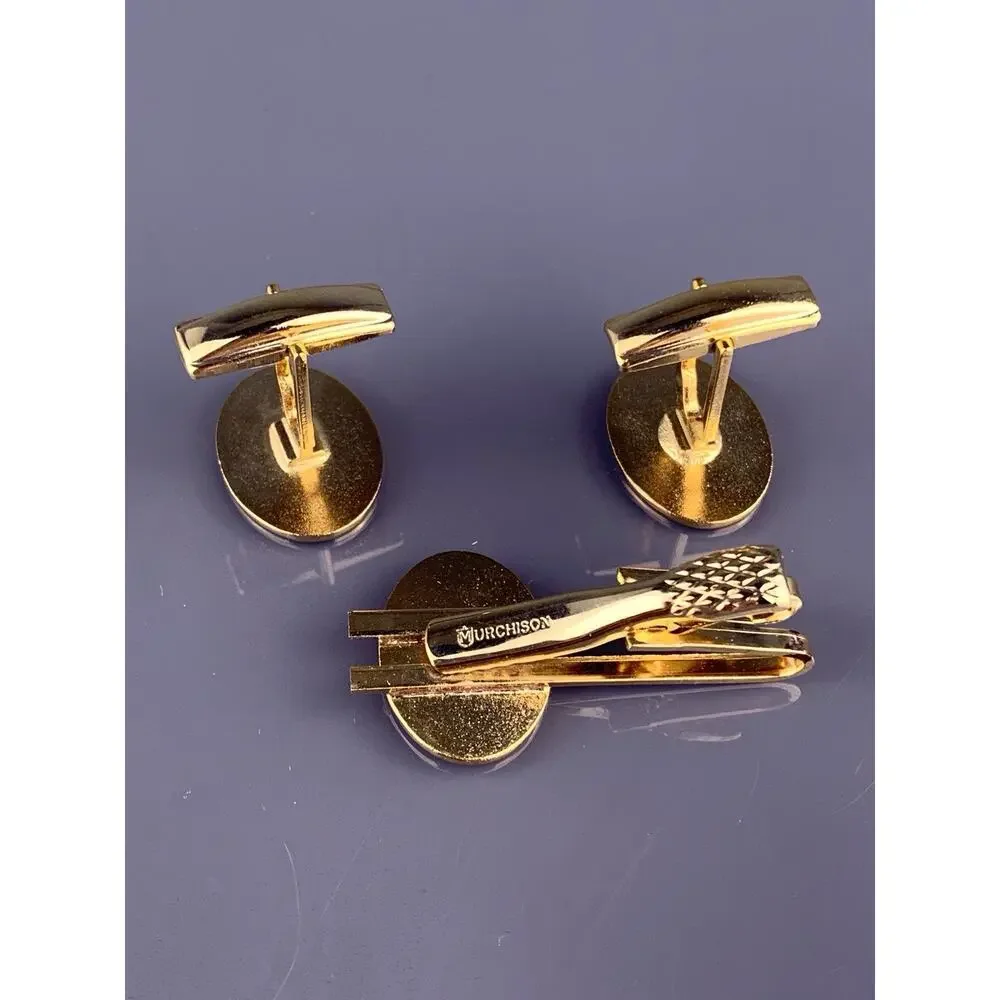 Simmons Family Crest Cufflinks Tie Clip Gold Tone Wing Rose Shield Heraldic VTG